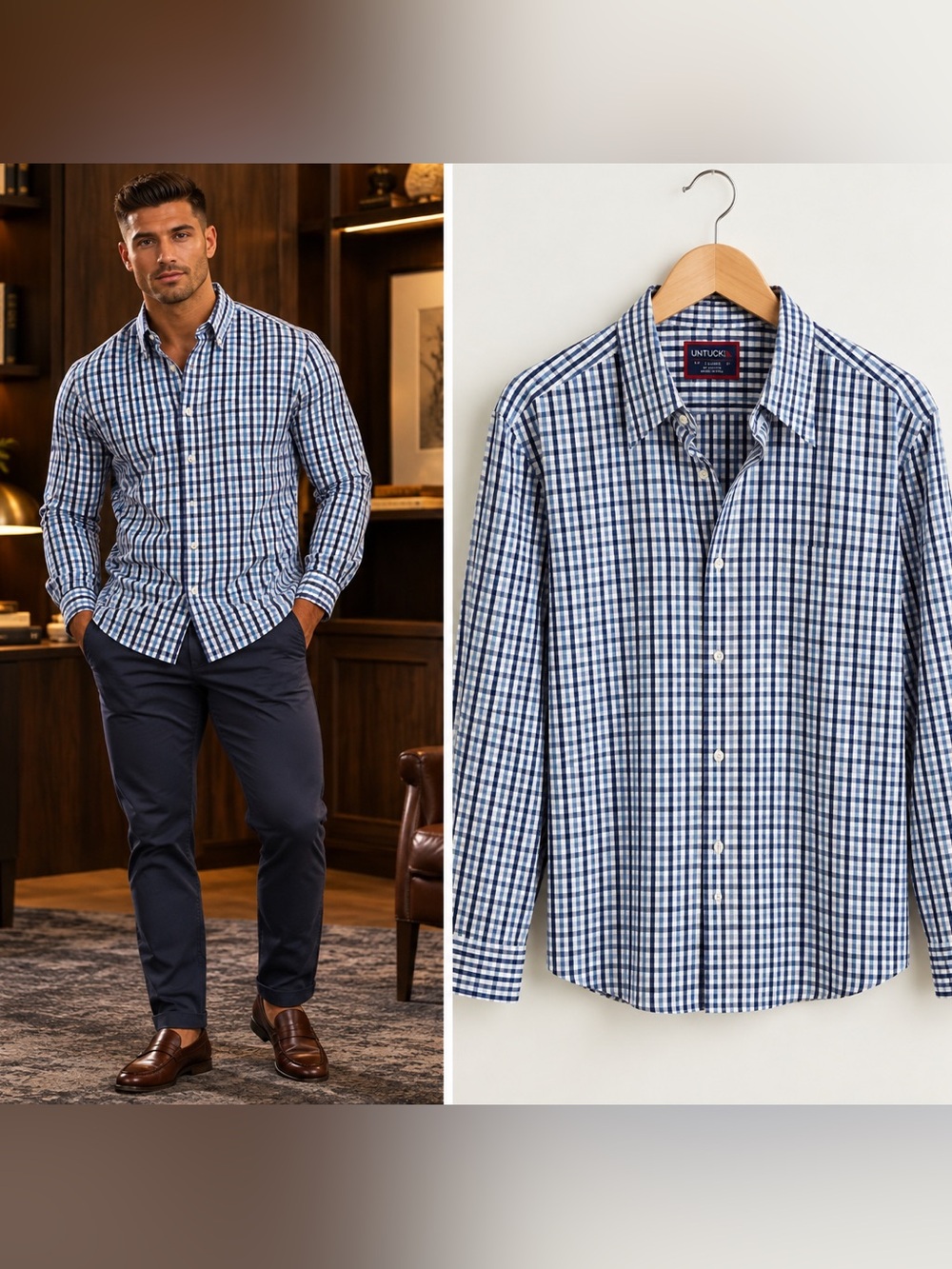 UNTUCKit Plaid Button Down Shirt Men XL Blue Gingham Check Cotton Casual Classic